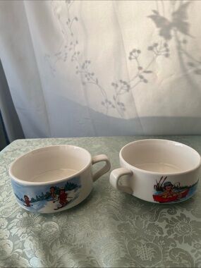 Vintage 1980s Campbell’s Soup Kids Mugs Bowls Set of 2 Skiing & Fishing